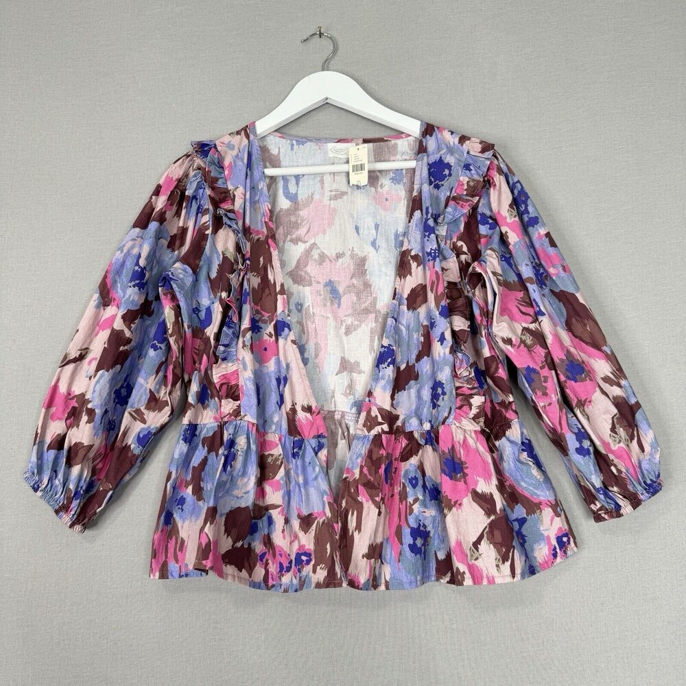 Elizabeth Gillett Anthro Womens Top One Size Pink Floral Kimono Ruffle Crop Boho